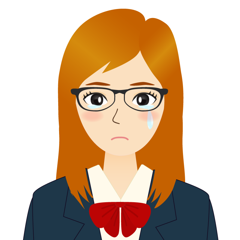 画像:茶髪ロングヘアの女性・学生・制服姿　眼鏡　涙