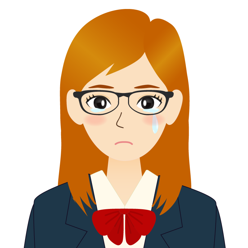 画像:茶髪ロングヘアの女性・学生・制服姿　眼鏡　耳だし　涙