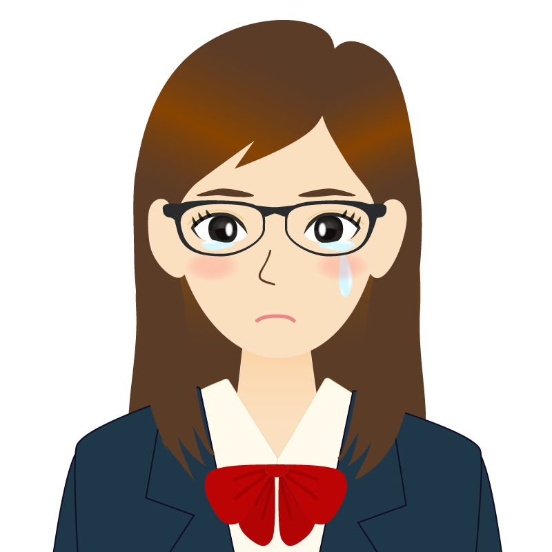 画像:ロングヘアの女性・学生・制服姿　眼鏡　耳だし　涙