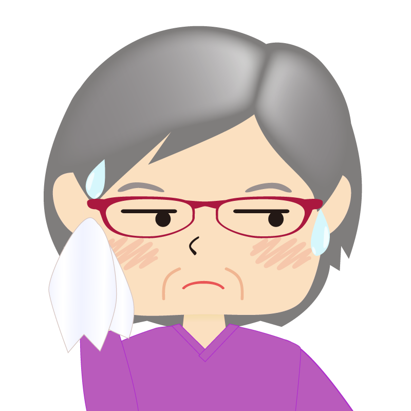 画像:四角い顔の女性　高齢　眼鏡　汗