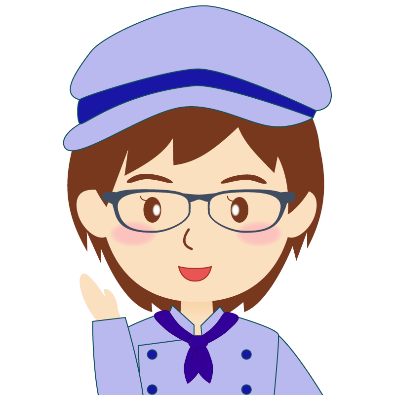 画像:飲食店の青い制服姿の女性イラスト　眼鏡　笑顔
