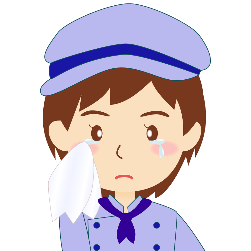 画像:飲食店の青い制服姿の女性イラスト　涙