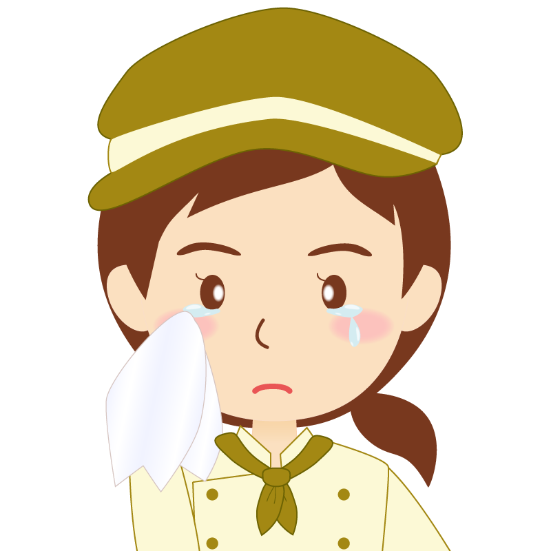 画像:飲食店の黄土色の制服姿の女性イラスト　涙