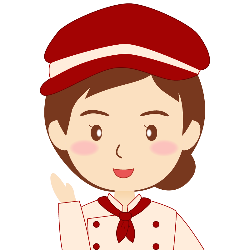 画像:飲食店の赤色の制服姿の女性イラスト　笑顔