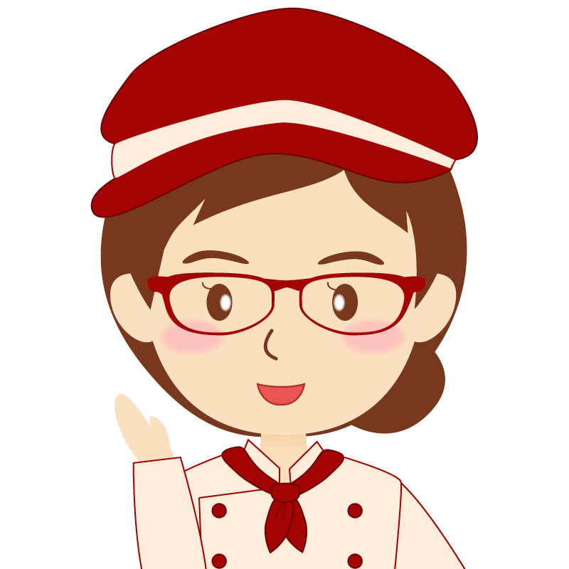 画像:飲食店の赤色の制服姿の女性イラスト　眼鏡　笑顔