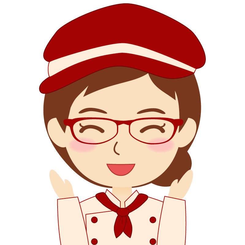 画像:飲食店の赤色の制服姿の女性イラスト　眼鏡　喜び