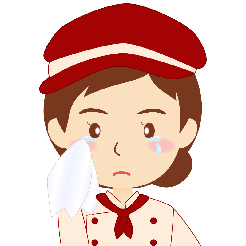 画像:飲食店の赤色の制服姿の女性イラスト　涙