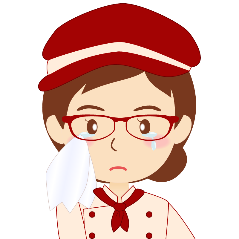 画像:飲食店の赤色の制服姿の女性イラスト　眼鏡　涙