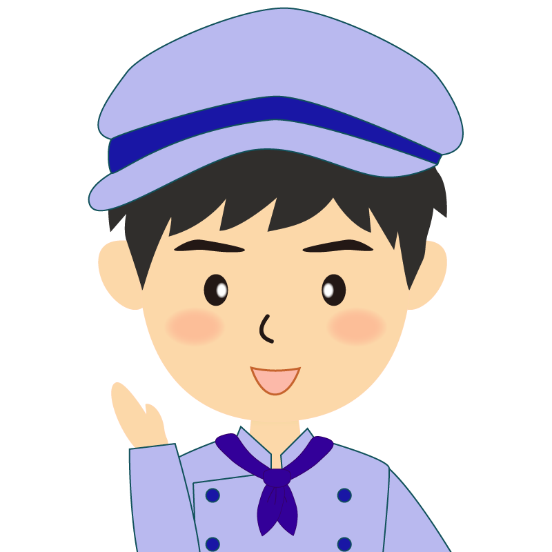 画像:飲食店の青い制服姿の男性イラスト　笑顔