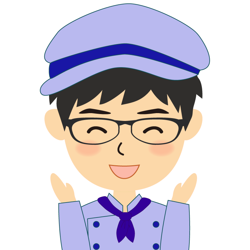 画像:飲食店の青い制服姿の男性イラスト　眼鏡　喜び