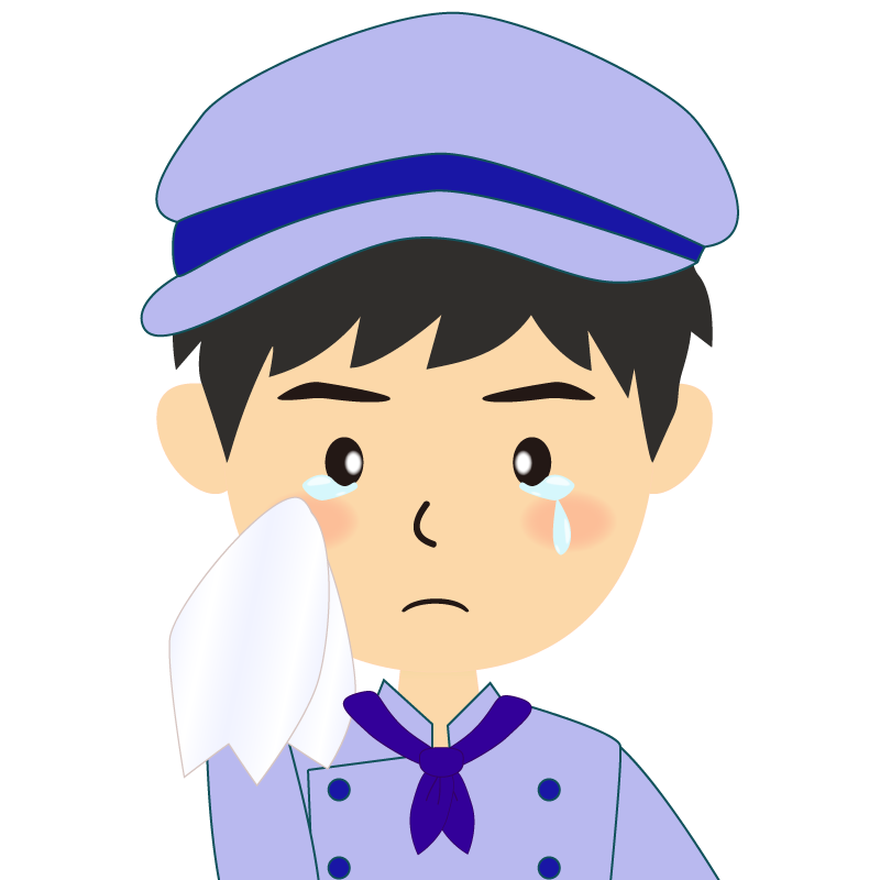 画像:飲食店の青い制服姿の男性イラスト　涙