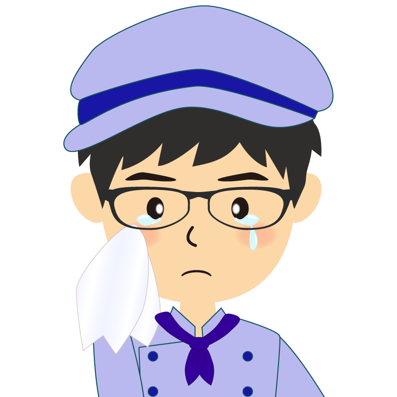 画像:飲食店の青い制服姿の男性イラスト　眼鏡　涙