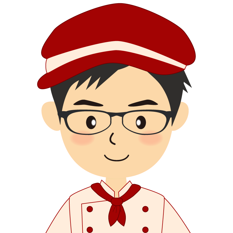 画像:飲食店の赤色の制服姿の男性イラスト　眼鏡