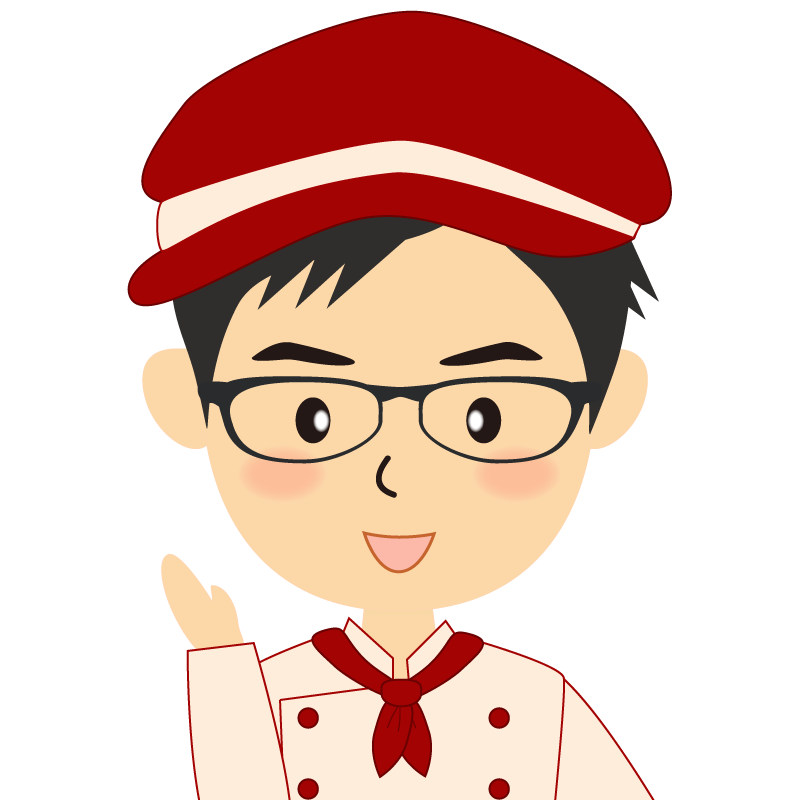 画像:飲食店の赤色の制服姿の男性イラスト　眼鏡　笑顔