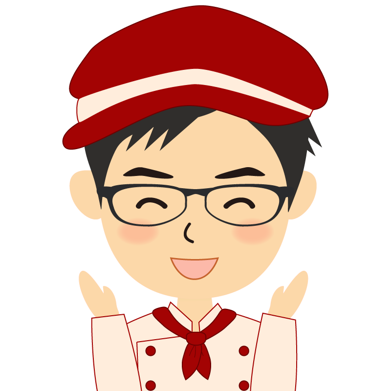 画像:飲食店の赤色の制服姿の男性イラスト　眼鏡　喜び