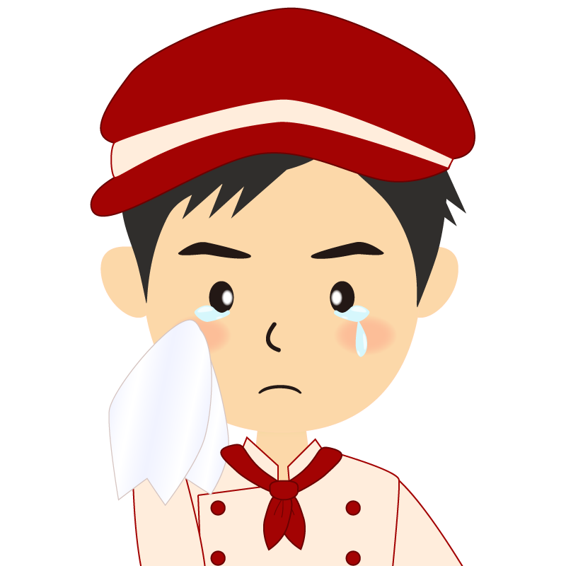 画像:飲食店の赤色の制服姿の男性イラスト　涙