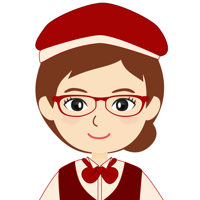 画像:飲食店店員風の赤色の制服姿の女性イラスト　眼鏡