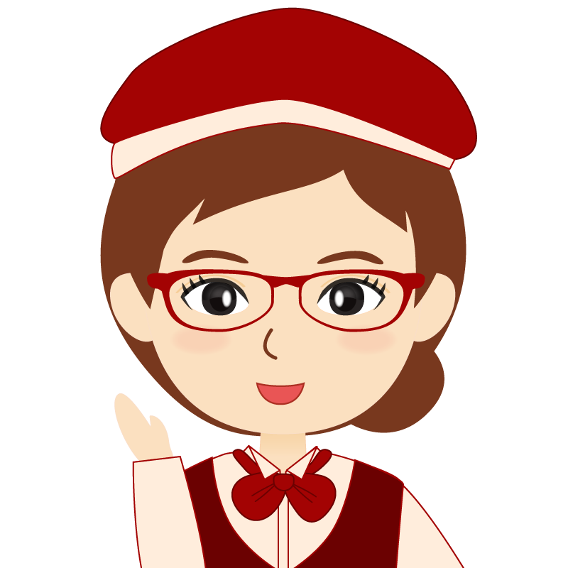 画像:飲食店店員風の赤色の制服姿の女性イラスト　眼鏡　笑顔