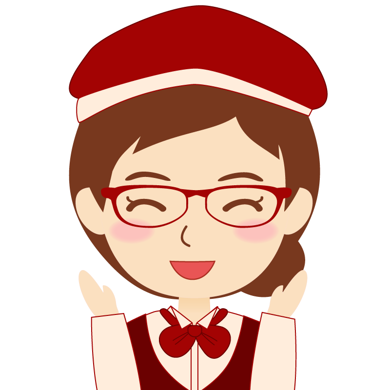 画像:飲食店店員風の赤色の制服姿の女性イラスト　眼鏡　喜び