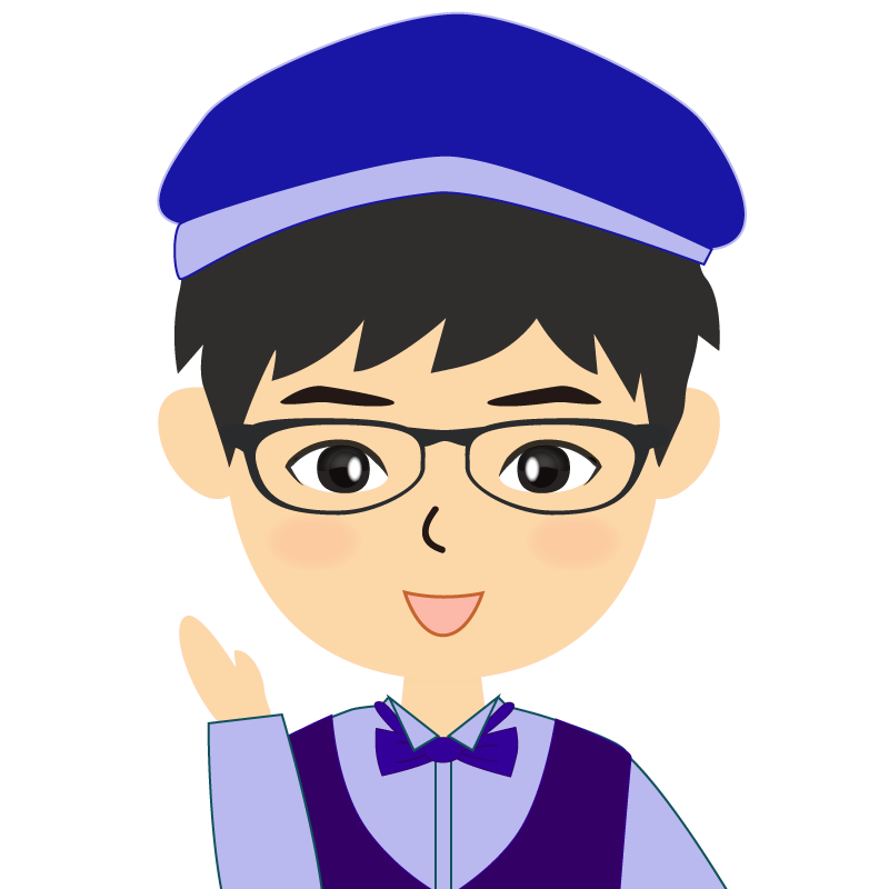 画像:飲食店店員風の青い制服姿の男性イラスト　眼鏡　笑顔