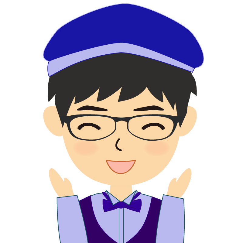 画像:飲食店店員風の青い制服姿の男性イラスト　眼鏡　喜び