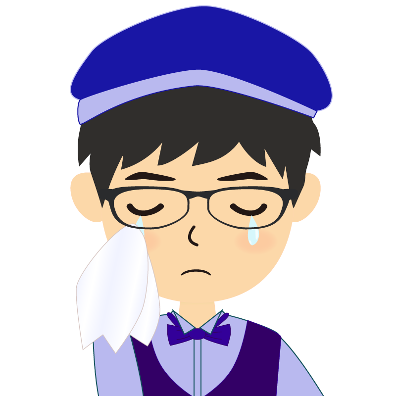 画像:飲食店店員風の青い制服姿の男性イラスト　眼鏡　涙