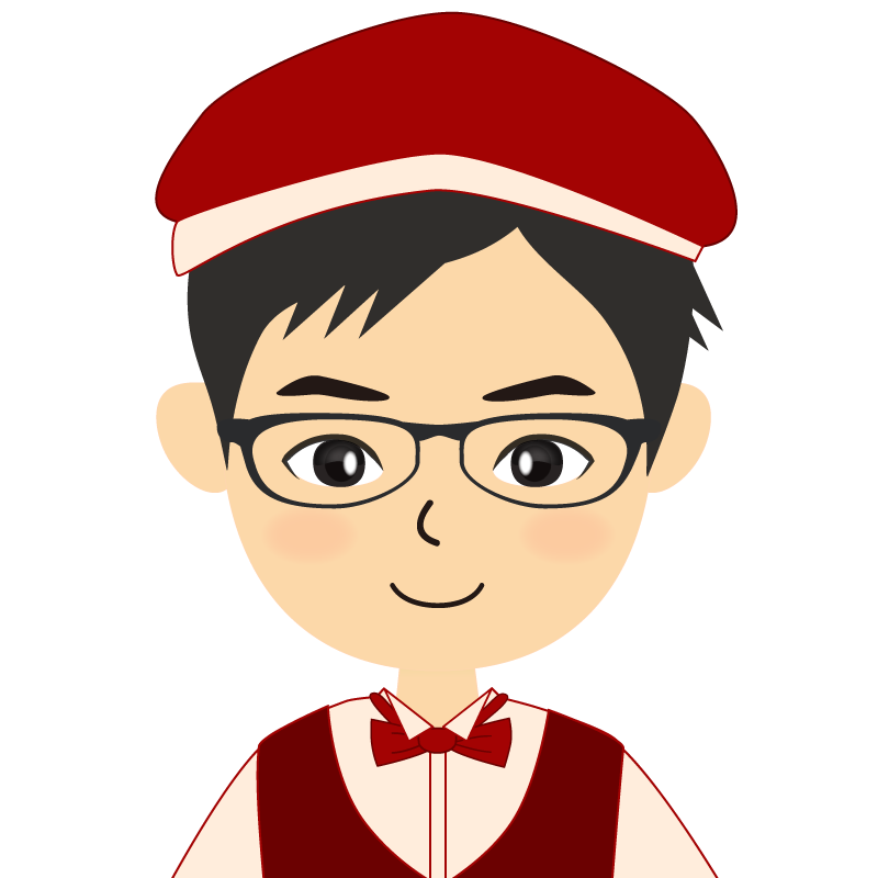 画像:飲食店店員風の赤色の制服姿の男性イラスト　眼鏡