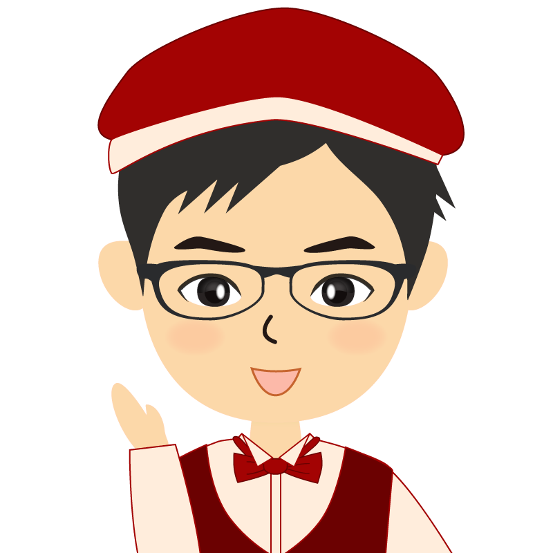 画像:飲食店店員風の赤色の制服姿の男性イラスト　眼鏡　笑顔