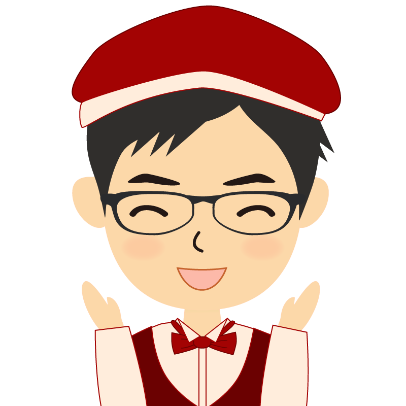 画像:飲食店店員風の赤色の制服姿の男性イラスト　眼鏡　喜び